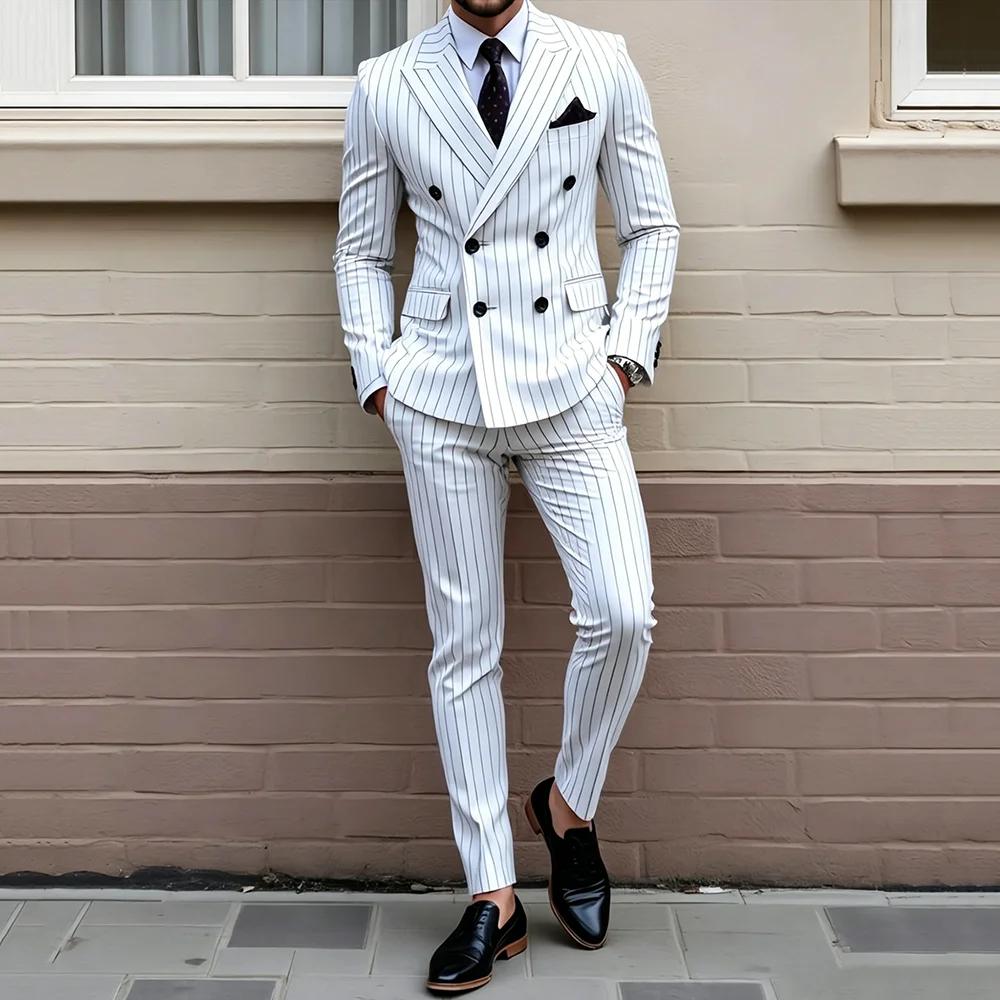 Costumes pour hommes 2 pièces, veste et pantalon, rayures blanches, double boutonnage, décontracté, 