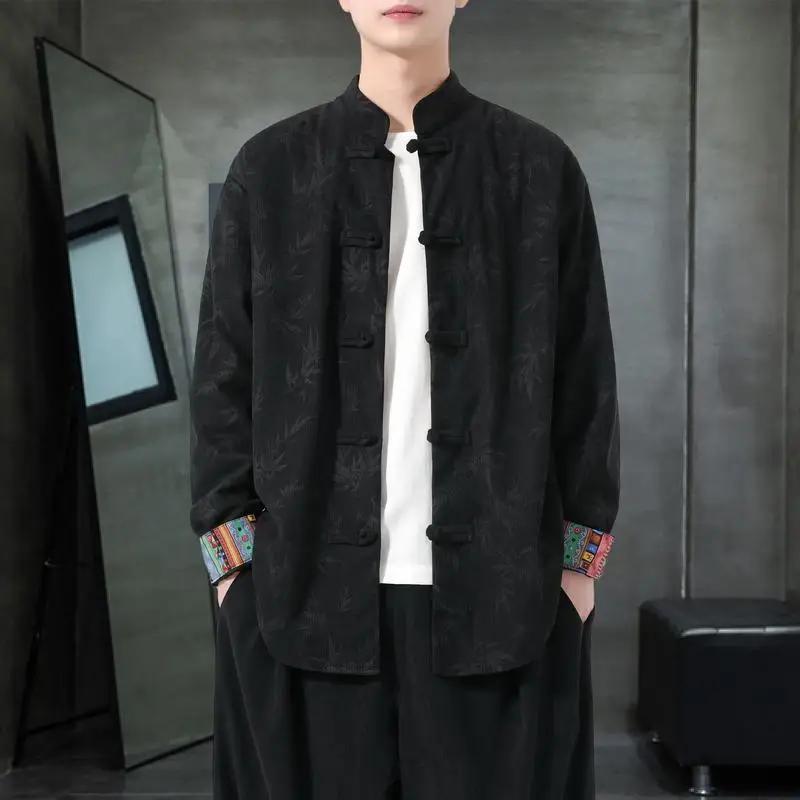 Veste en velours côtelé pour homme, style chinois, col montant, boutons grenouillère, manches longue