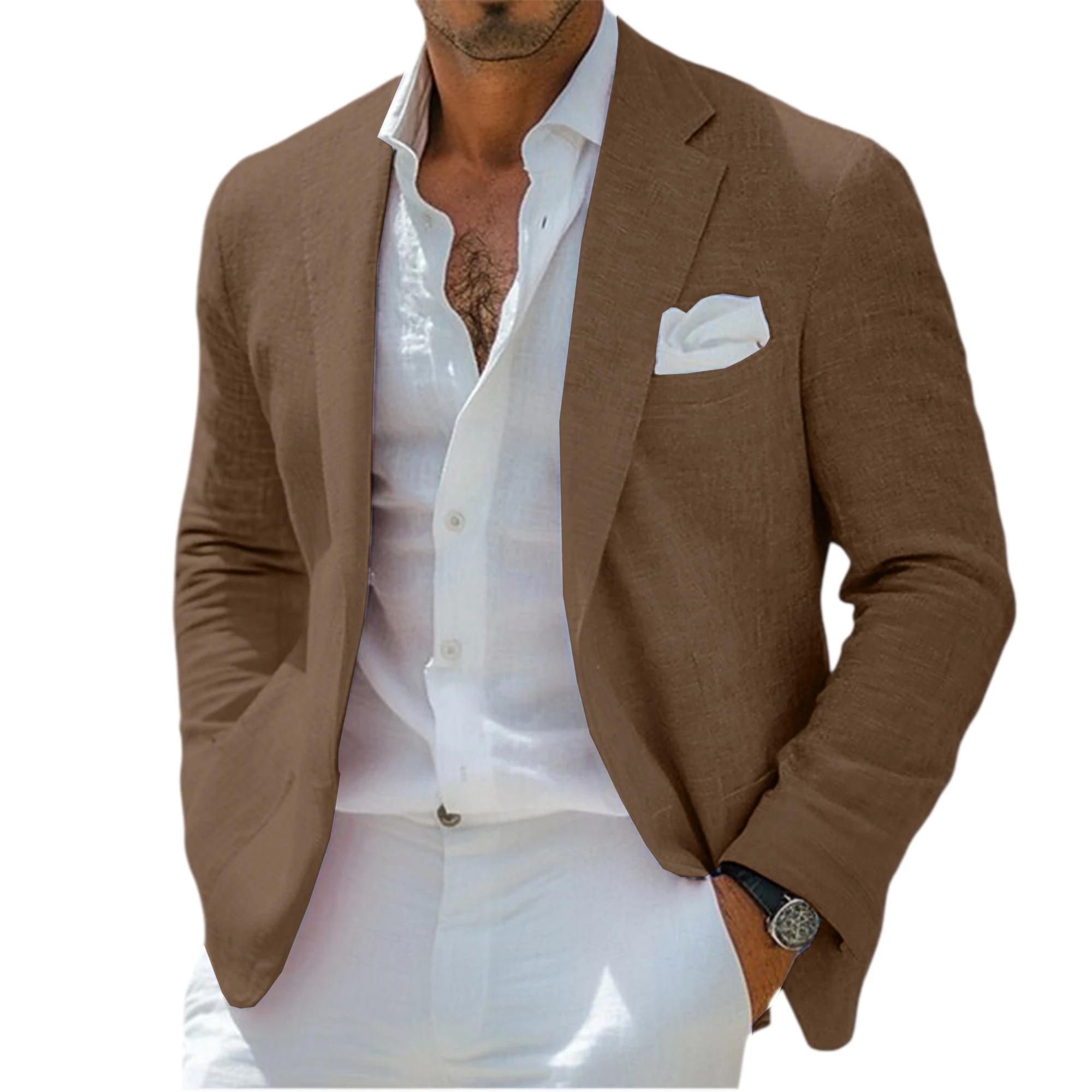 Blazer en lin pour homme, revers cranté, 2 boutons, coupe ajustée, veste de costume légère et respir