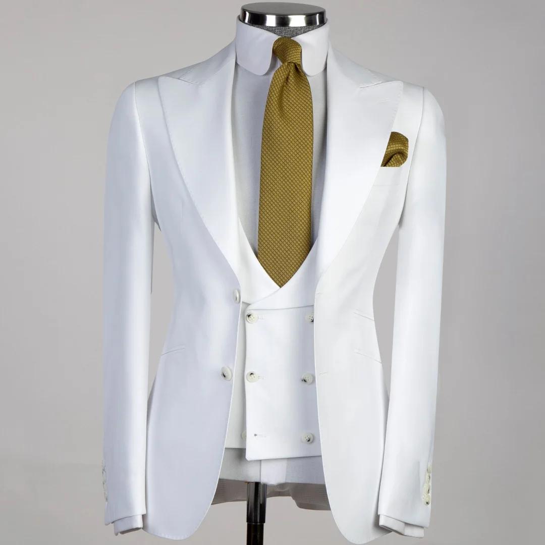 Costume 3 Pieses pour hommes, blanc uni, avec revers et poche, pour mariage, anniversaire, fête d'af