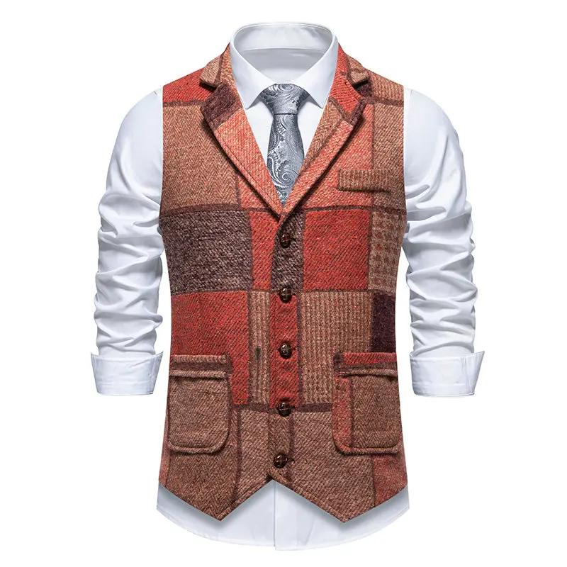 Gilet vert à carreaux en Tweed pour hommes, coupe cintrée, costume à carreaux à revers, gilet vintag