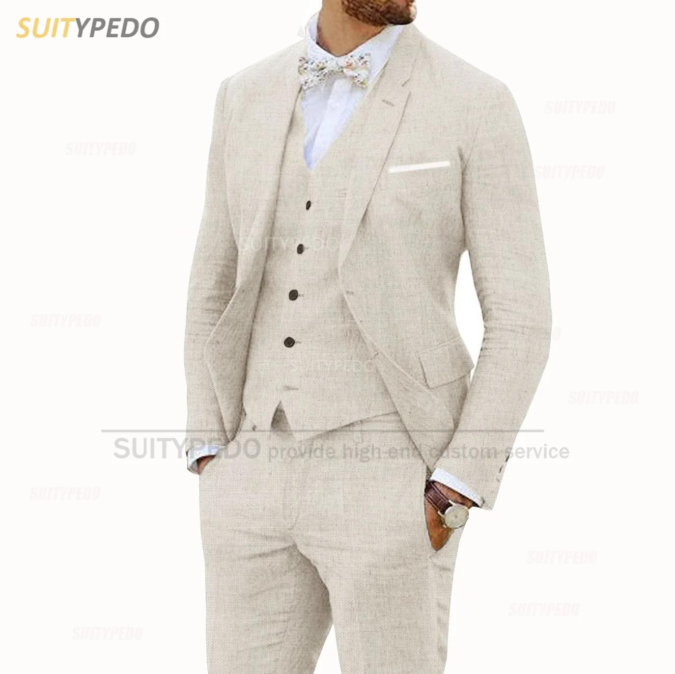 Costume 3 Pièces en Lin Beige pour Homme, Ensemble Décontracté, Slim Fit, Blazer Trempé, GlaPants, S