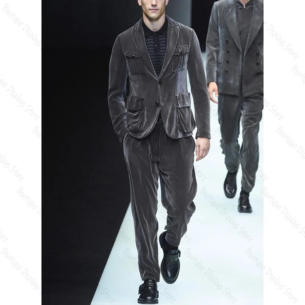 Costume droit en daim gris pour hommes, simple boutonnage, deux pièces (veste + pantalon), tenues à 