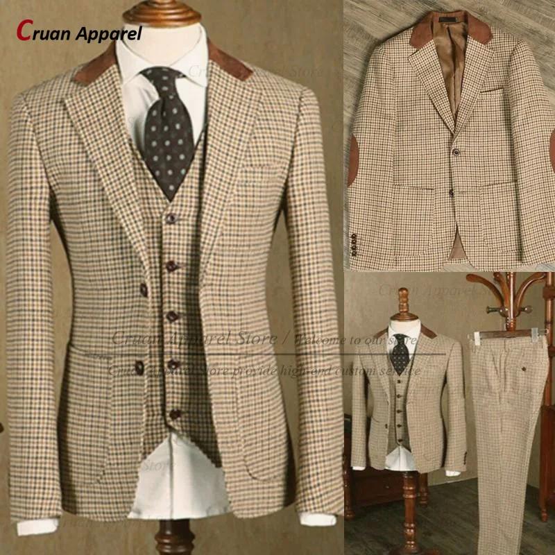 Ensemble blazer à carreaux pour hommes, glaçure, olympiques ajustés, classique, marron, 3 pièces, su