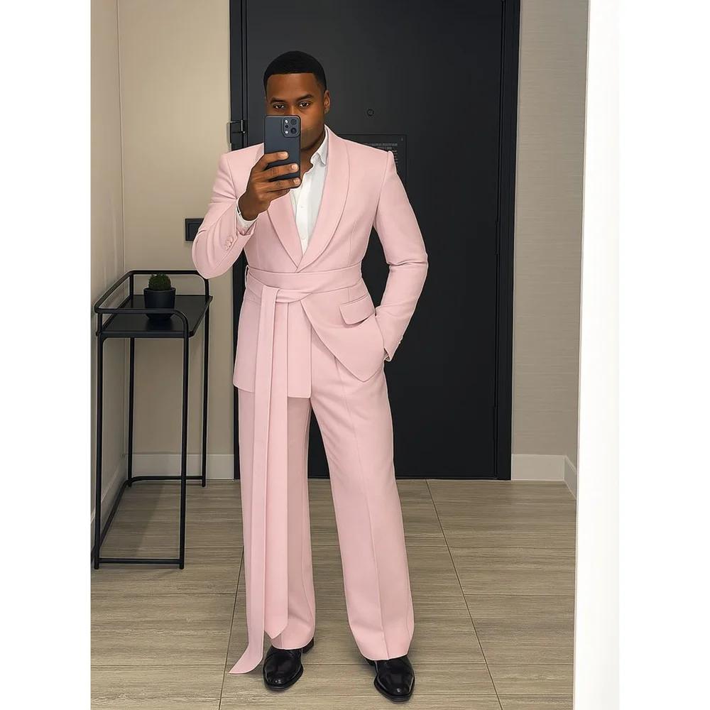 Costume rose pour homme, tenues chics, 2 pièces, veste et pantalon, ensemble de blazer pour homme, b