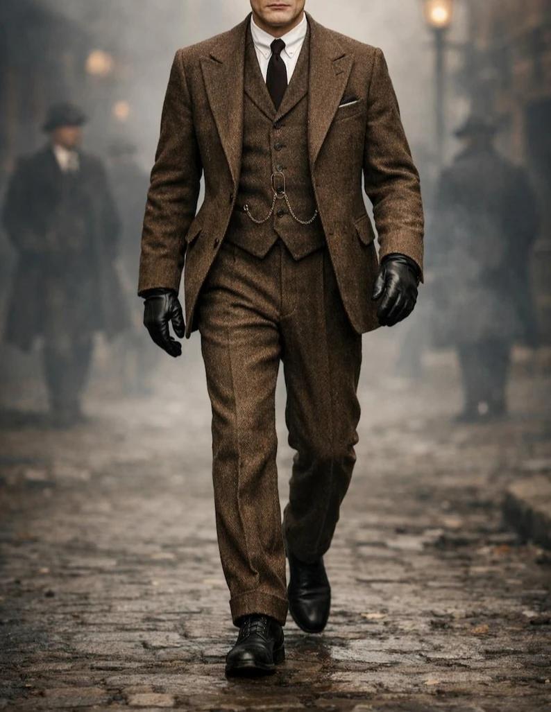 Costume d'hiver 3 pièces en Tweed marron Vintage pour hommes, costume rétro sur mesure