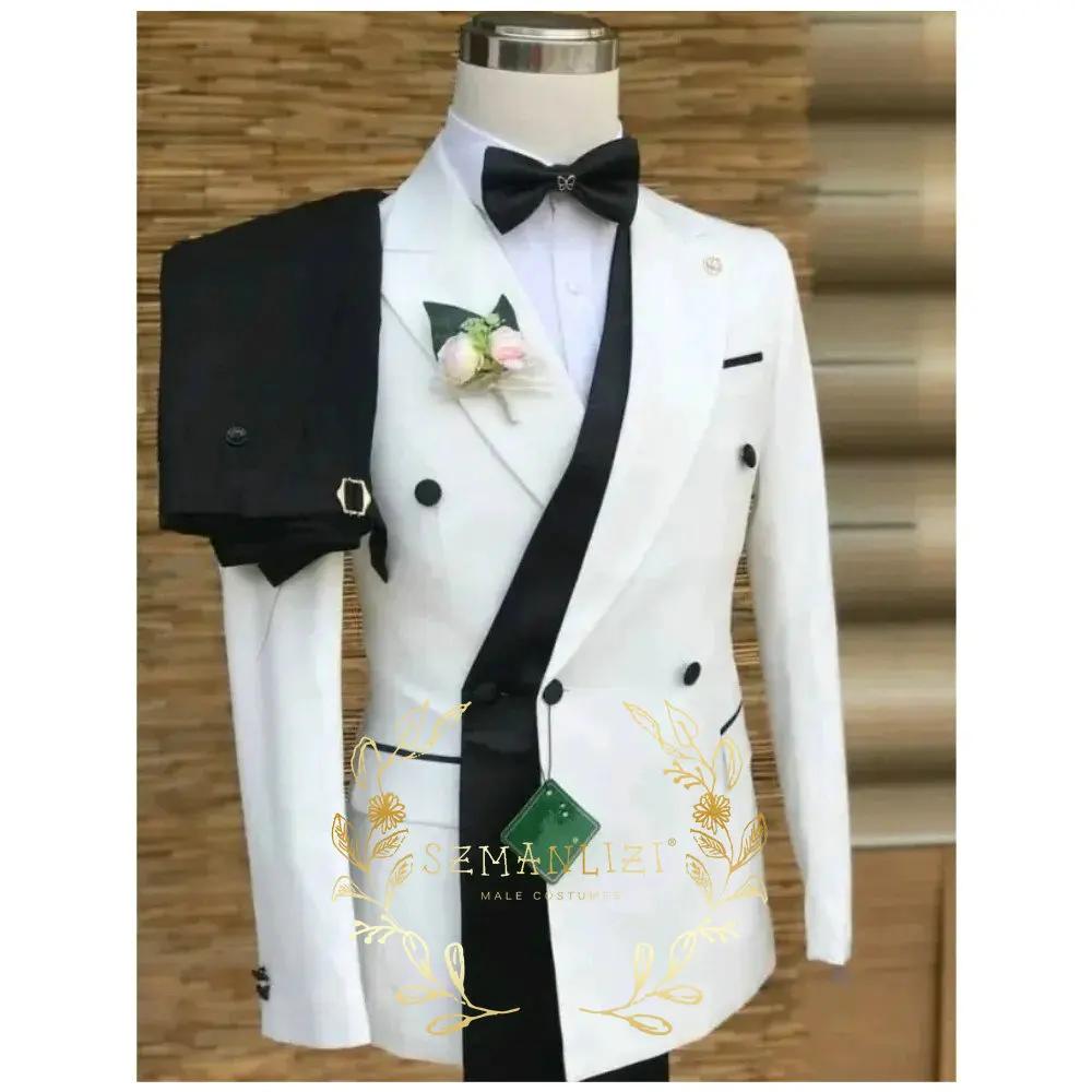 Costumes de mariage à Double boutonnage pour hommes, blanc et noir, coupe cintrée, à la mode, meille