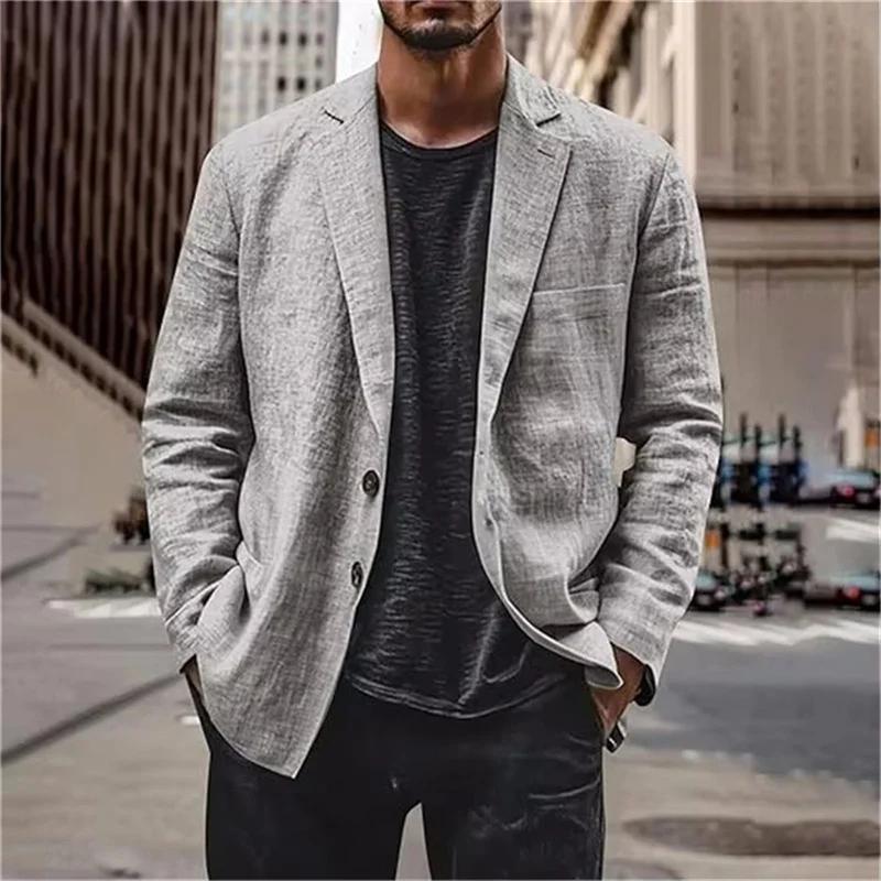 Blazer en lin léger pour homme, coupe ajustée décontractée, revers cranté, deux boutons, idéal pour 