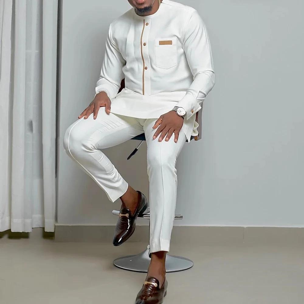 Costumes Kaunda de mariage blancs pour hommes, manches longues, pantalons en Y, ethnique africaine, 