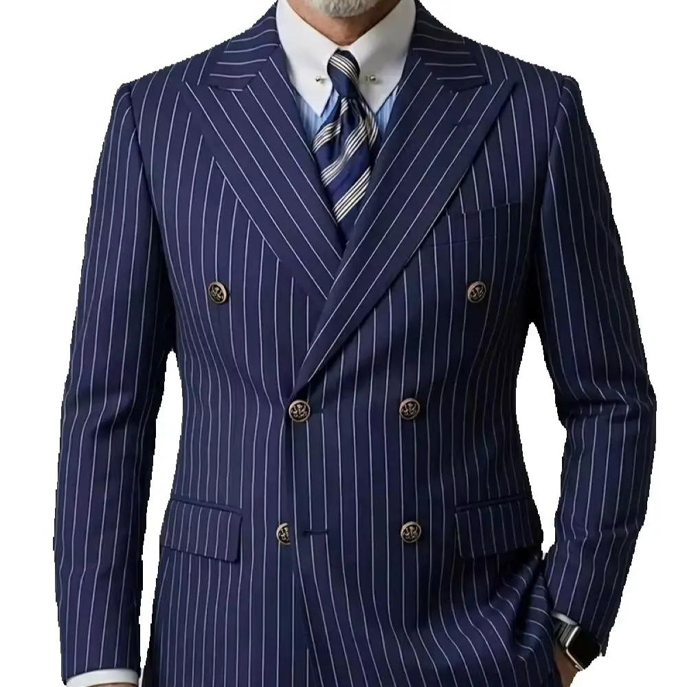 Blazer croisé rayé bleu marine pour homme, veste de costume ajustée à revers pointus, tenue de burea