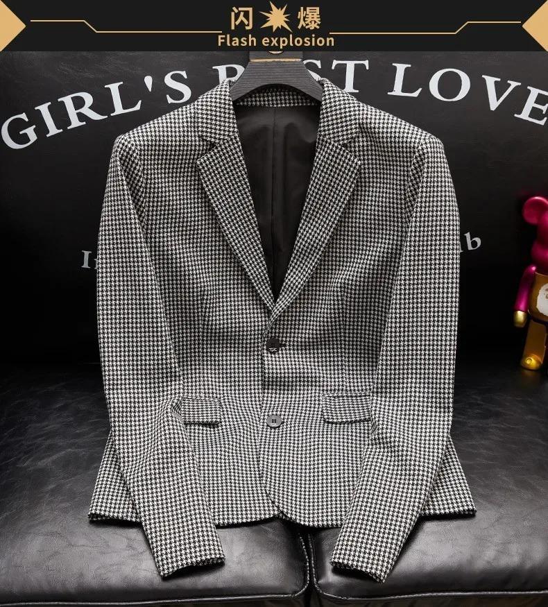 Veste de costume pied-de-poule pour hommes, grande taille, nouveau Style coréen, coupe cintrée, tend