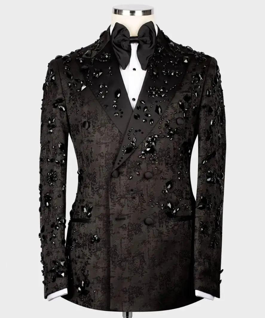 Costume moderne pour hommes, perles de cristal, 2 pièces, Blazer, pantalon, Double boutonnage, vêtem