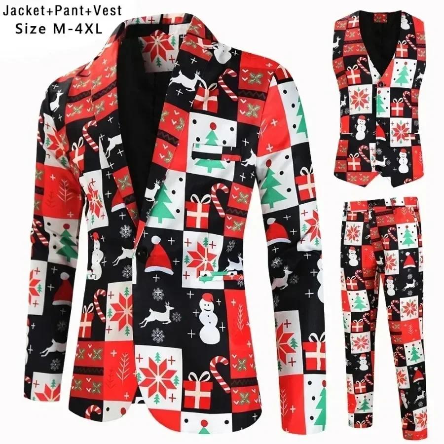 Nouveaux hommes 3 pièces ensembles de noël blazers + gilet + pantalon 2026 noël imprimé hommes Costu