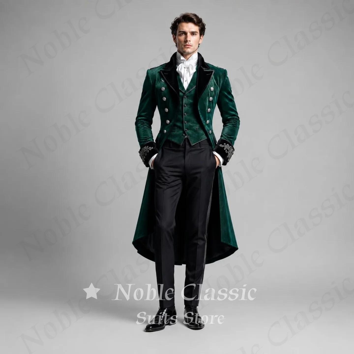 Veste de smoking homme en velours vert foncé, revers en satin noir, double boutonnage, boutons argen