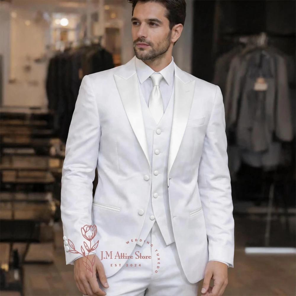 Costume Homme Haute Couture Blanc 3 Pièces – Veste, Gilet et Pantalon Bleu Marine à Revers Pointus –