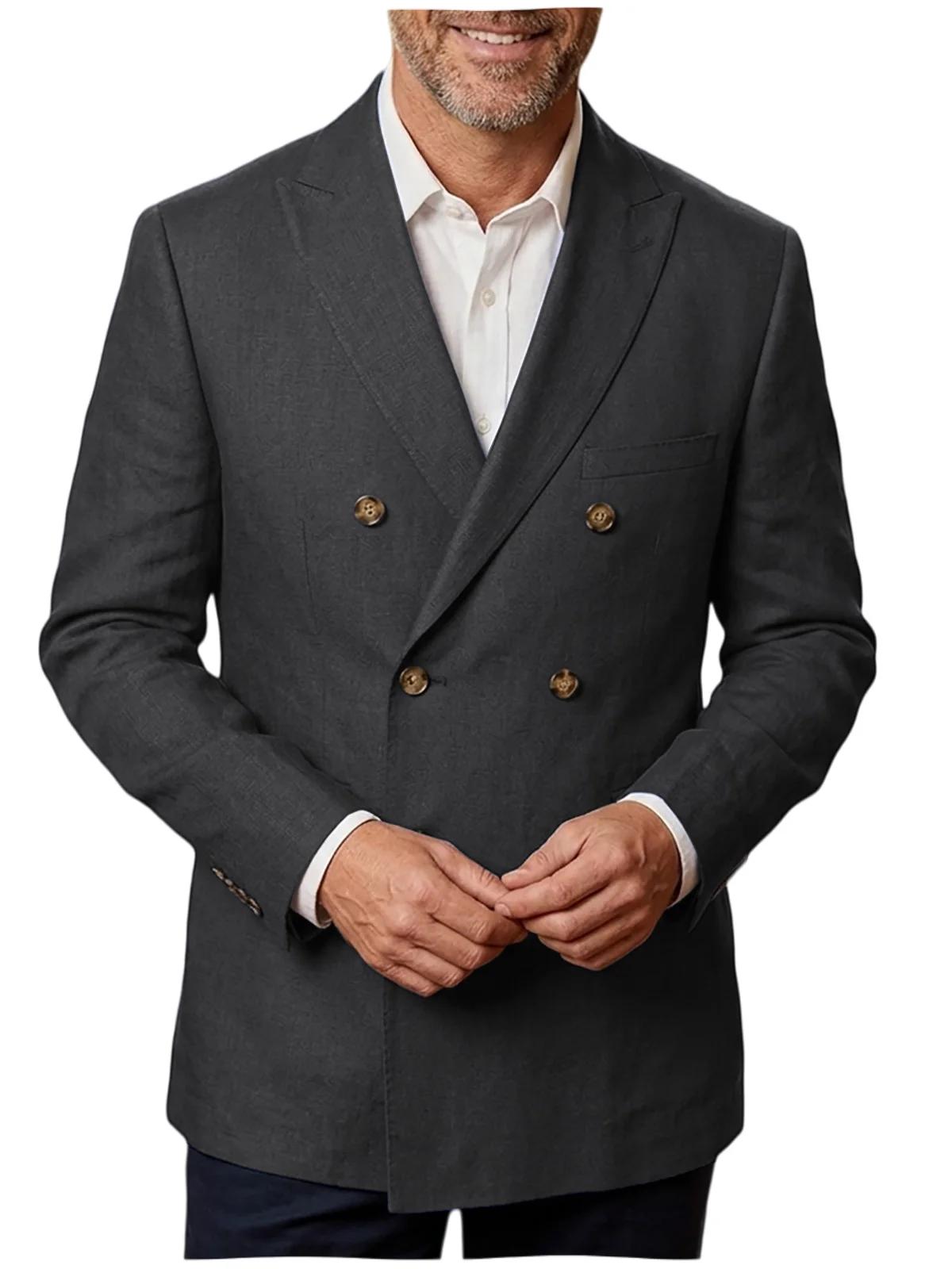 Blazer en lin non doublé pour homme, veste de costume décontractée à double boutonnage, coupe ajusté