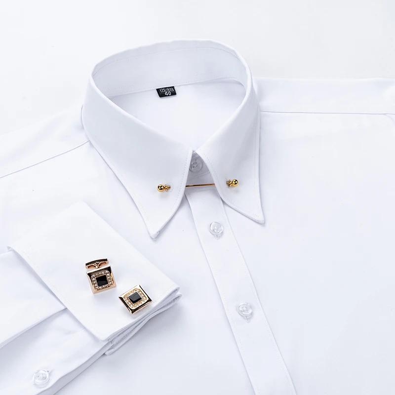 Boutons de manchette français brodés pour hommes, chemise à manches longues avec épingles à col, che