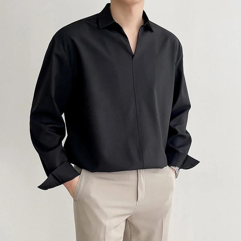Nouveau coréen col en V hommes chemises de luxe décontracté Style tombant mince couleur unie à manch