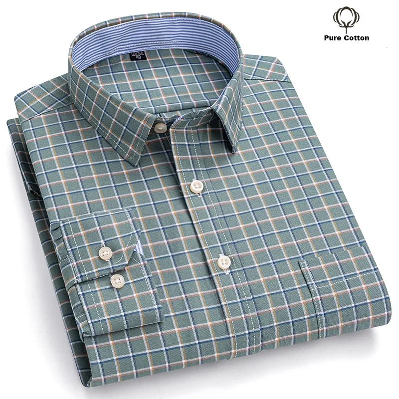 Chemises sociales pour hommes à manches longues 100% pur coton Oxford boutonné Plaid formel mâle vêt