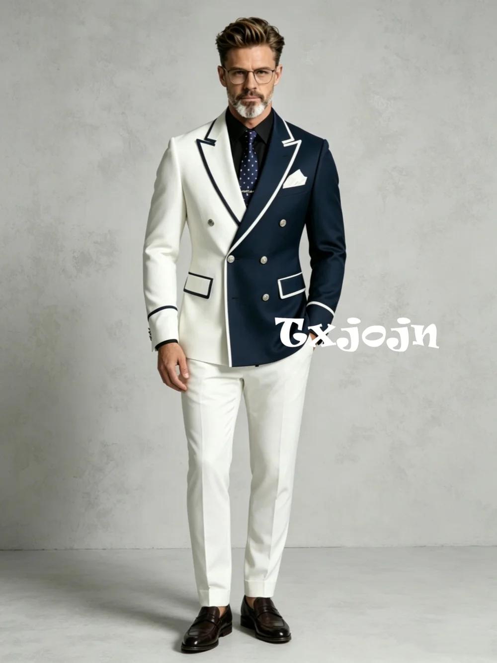 Costume homme blanc et bleu marine contrasté, 2 pièces, pour occasions formelles, élégant, double bo