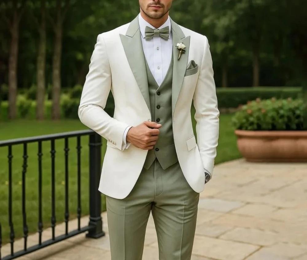 Ensemble de 3 pièces de costume de mariage vert sauge pour le marié – Blazer, gilet et pantalon élég