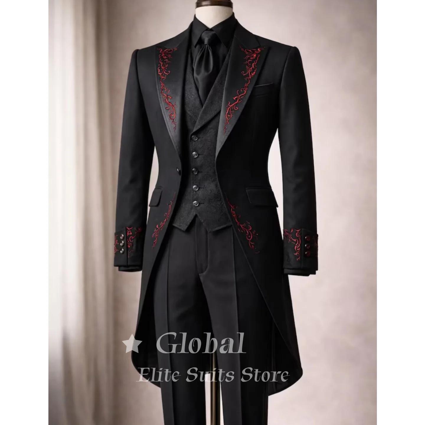 Costume de smoking noir 3 pièces avec broderie rouge, style gothique victorien, pour mariage, bal de