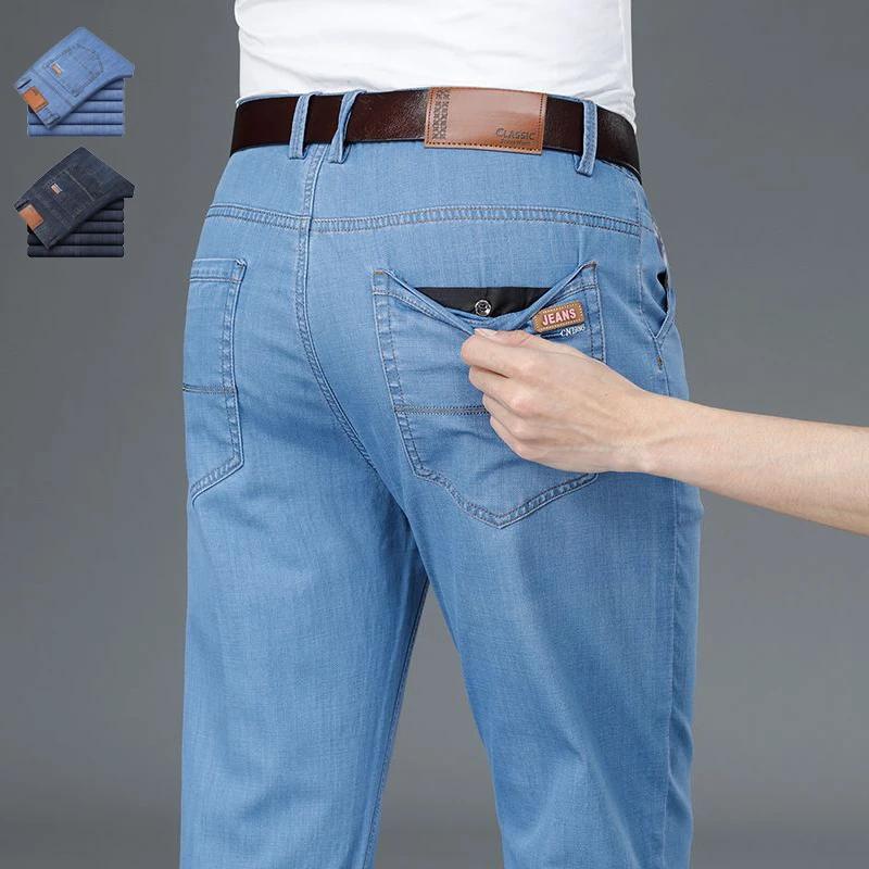 Jean Homme Été Fin en Coton Extensible Coupe Droite Décontracté Business avec Boutons et Poches