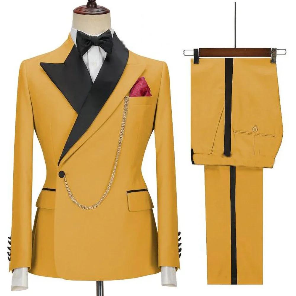 Dernière conception jaune hommes costumes revers à pointe un bouton décontracté mince mâle costume a