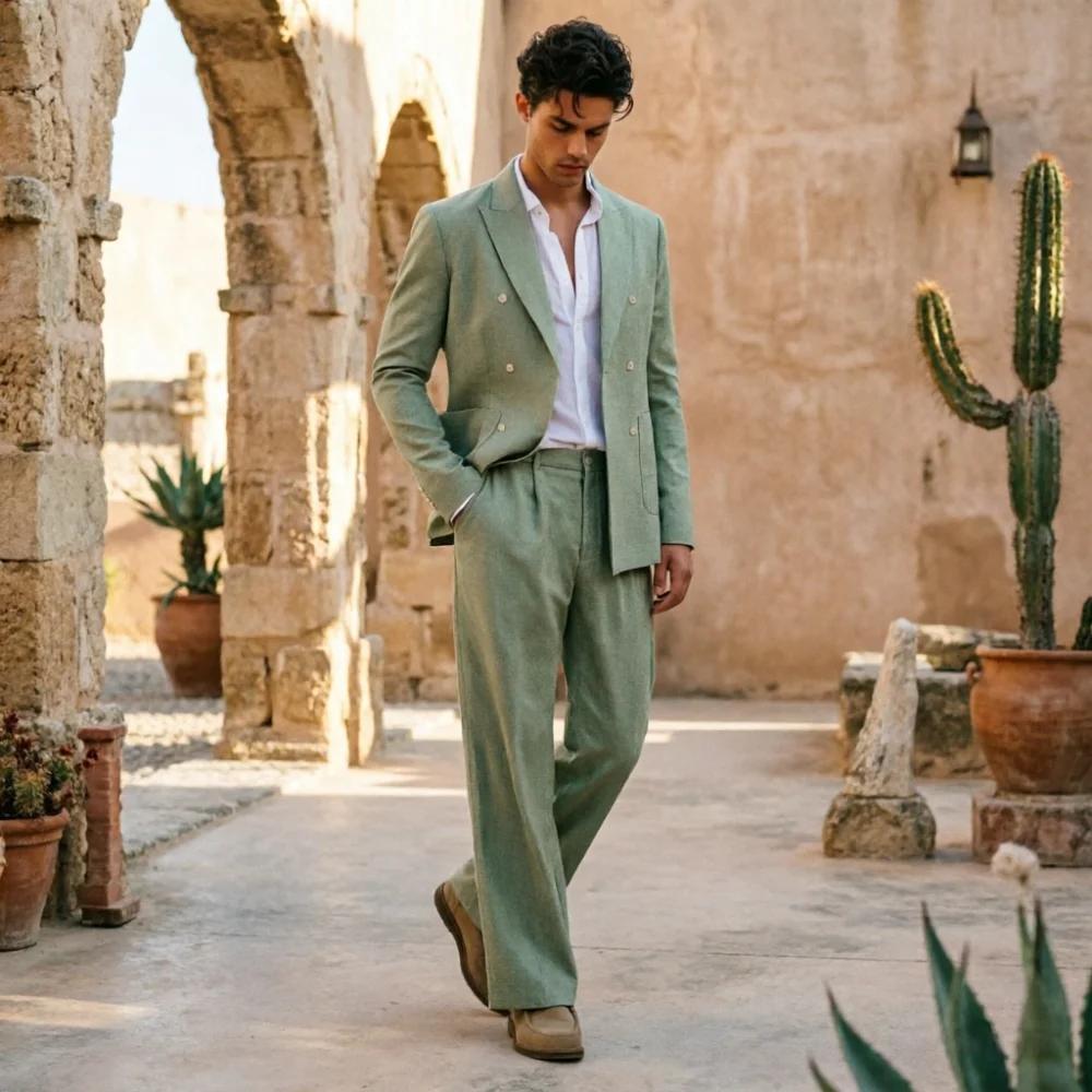 Costume homme en lin vert sauge, coupe décontractée, double boutonnage, 2 pièces, respirant, pour in