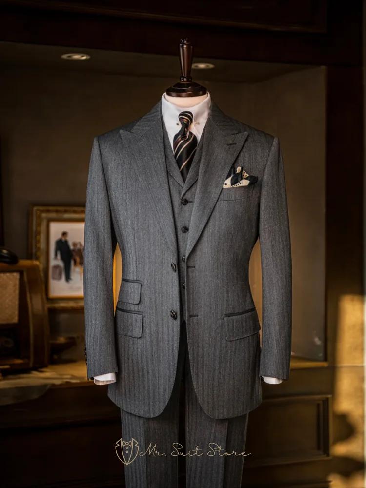 Costume 3 pièces pour hommes, simple boutonnage, motif à chevrons, tenue formelle d'affaires, costum