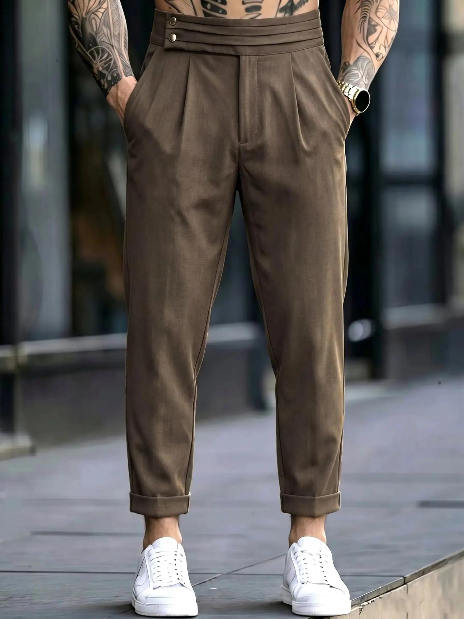 Pantalon de costume fluide de luxe pour homme, taille haute boutonnée, coupe fuselée infroissable