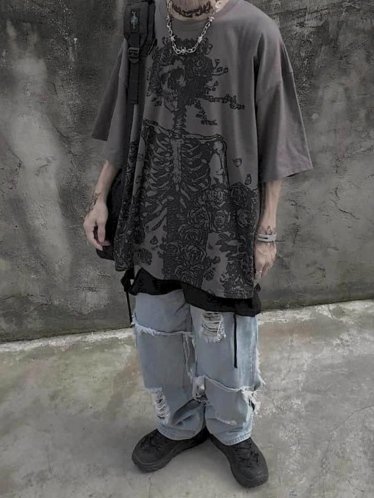 T-shirts pour hommes 2023 été Streetwear haute rue gothique crâne t-shirt ample surdimensionné à man