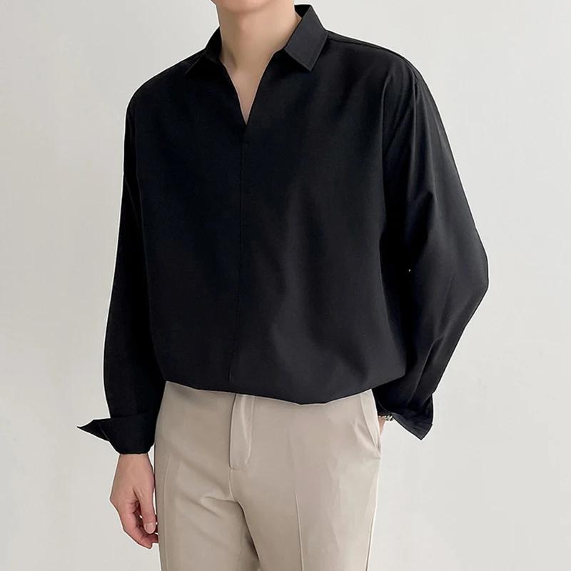 Nouveau coréen col en V hommes chemises de luxe décontracté Style tombant mince couleur unie à manch