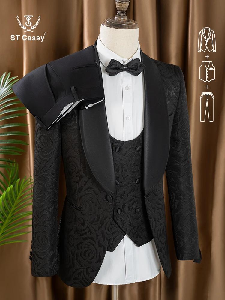 Ensemble 3 pièces pour marié, costume homme (veste + gilet + pantalon), col châle blanc, coupe slim 