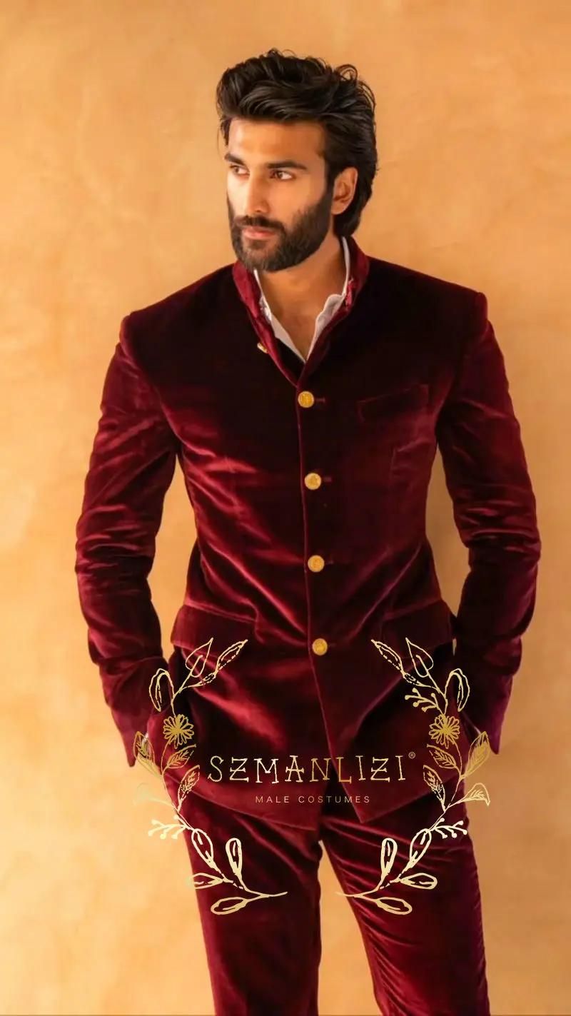 Costume 2 pièces sur mesure pour hommes, col montant, Costume de Mariage en velours bordeaux pour ho