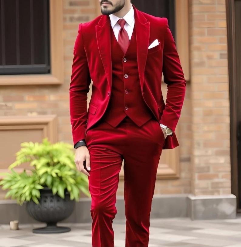 Costume 3 pièces en velours rouge pour hommes, fête de mariage formelle