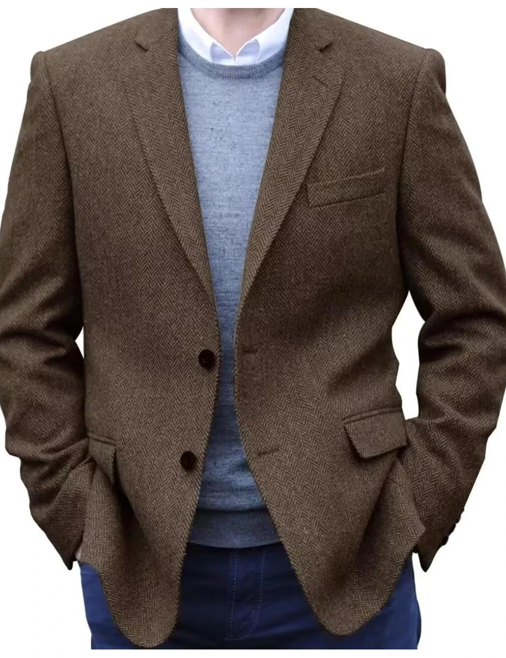 Costume marron pour hommes, Tuxedos de bal, Tweed à chevrons, simple boutonnage, veste d'affaires fo