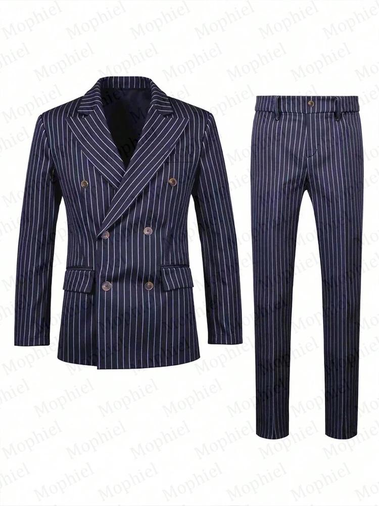 Costume Homme Rayé Bordeaux 3 Pièces Revers Pointus Croisé Coupe Slim pour Marié, Smoking, Blazer de