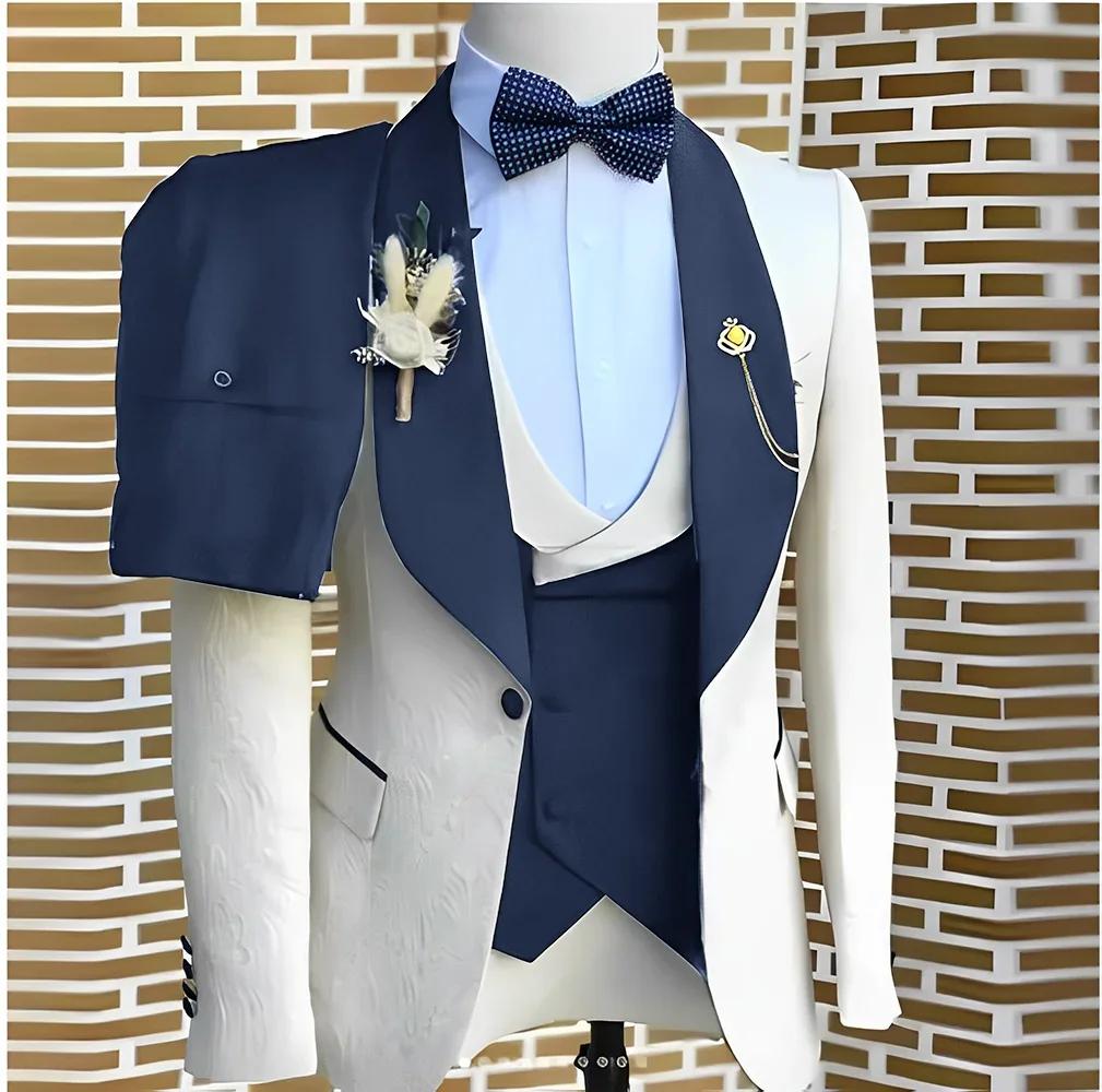 Costumes élégants pour hommes, veste en Jacquard blanc, gilet et pantalon, 3 pièces, Tuxedos pour ma
