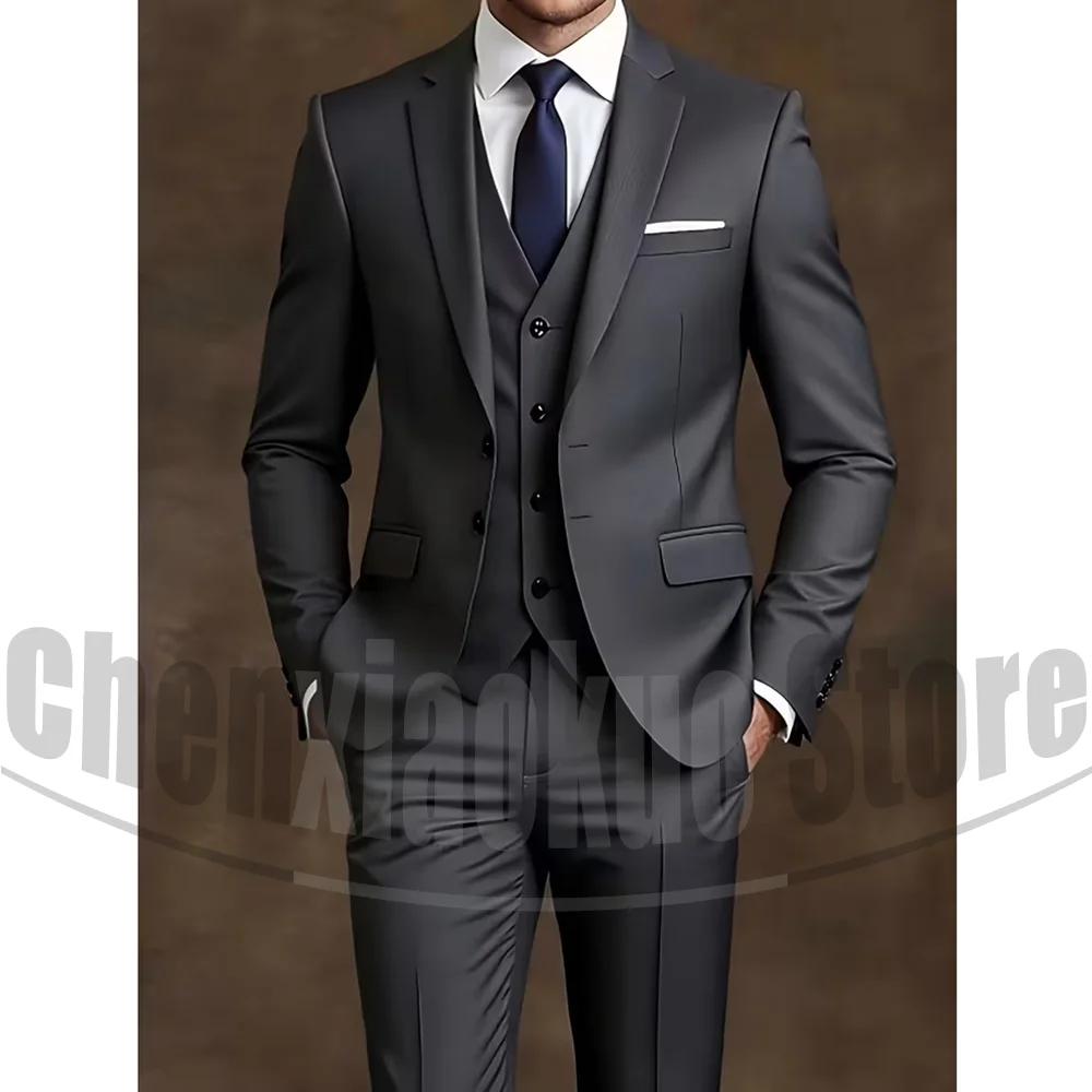 Costume chic pour homme 3 pièces, blazer à revers cranté, gilet et pantalon, tenue formelle pour aff