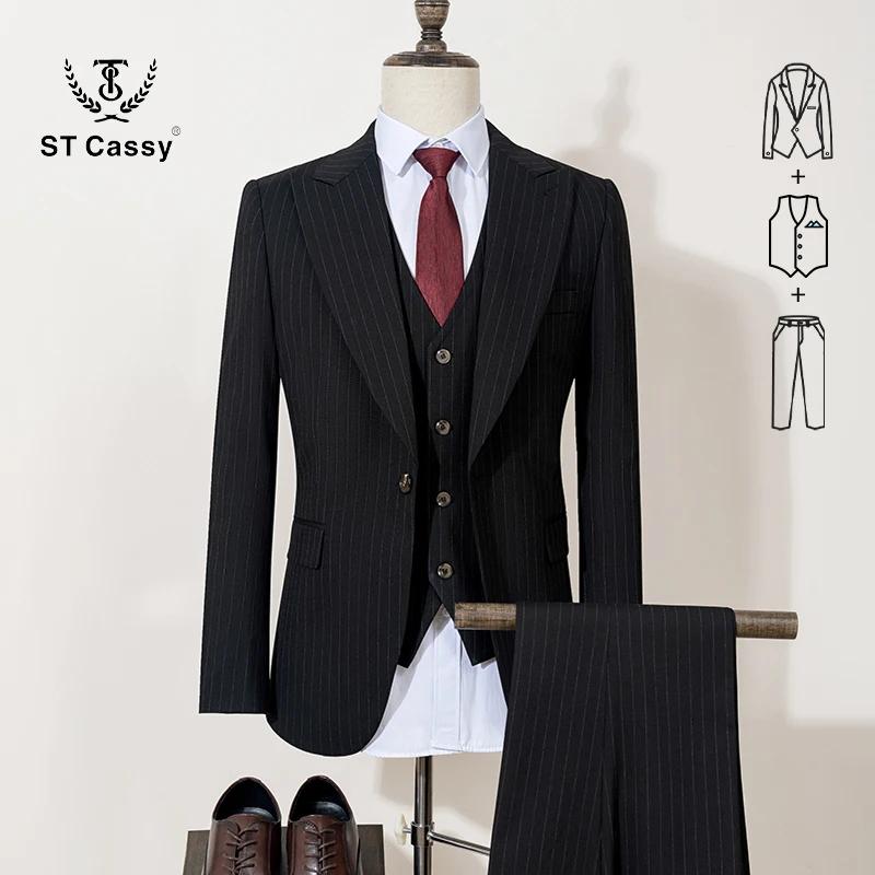 Costumes élégants pour hommes de marques de luxe, 3 pièces, de haute qualité, bleu rayé, décontracté