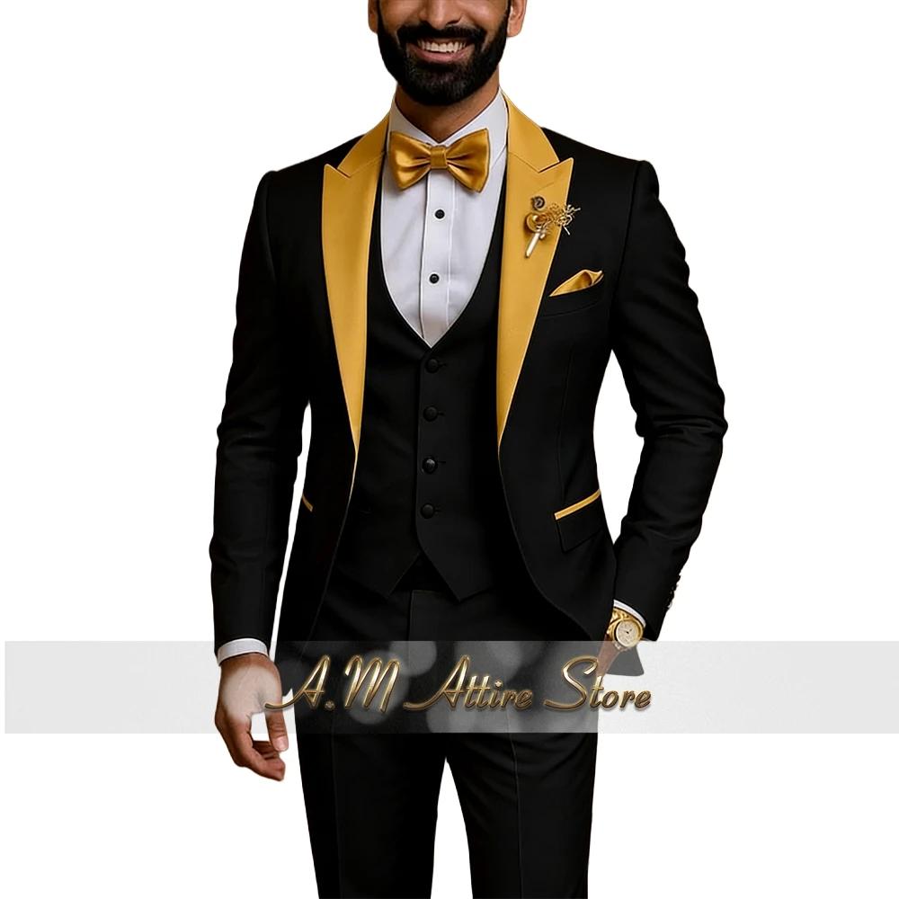Costume de Mariage Homme Haute Couture 3 Pièces – Veste, Gilet et Pantalon Slim Fit à Revers Dorés –