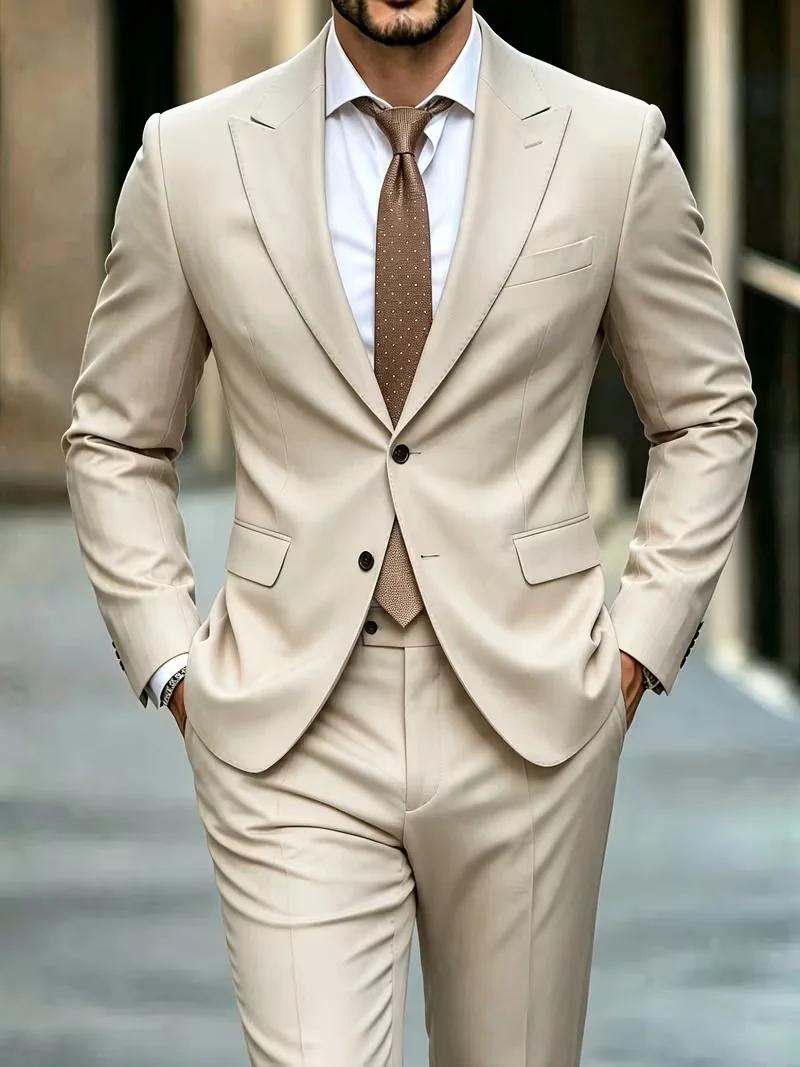 Costume 2 pièces beige pour homme, coupe ajustée, revers cranté, blazer et pantalon, élégant, polyva