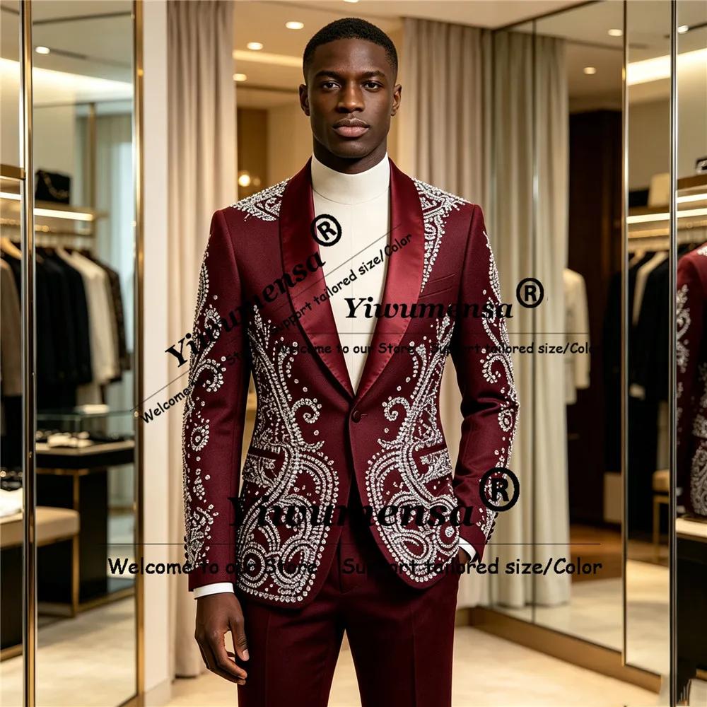 Costumes de mariage exquis pour homme, blazers et pantalons ornés de diamants, ensembles 2 pièces, s