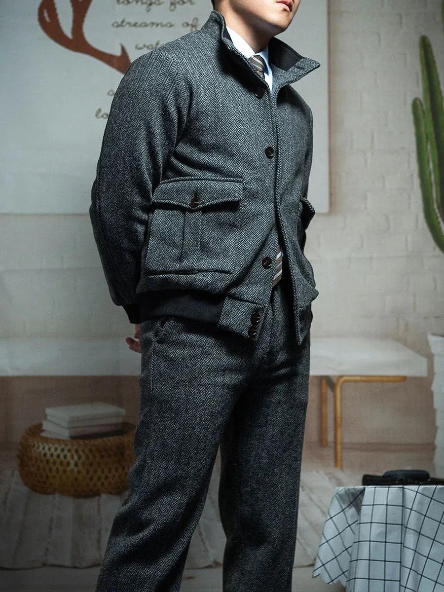 POT & CRAFTSMAN Veste classique en tweed à chevrons vintage pour homme, automne et hiver, style hier