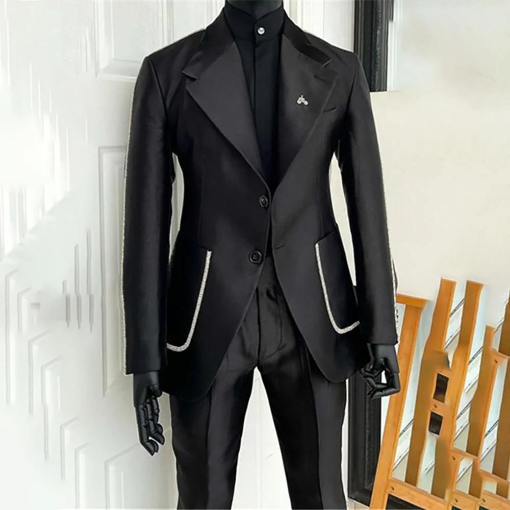Costume 2 pièces noir pour hommes, Blazer et pantalon, simple boutonnage, travail quotidien, Busines