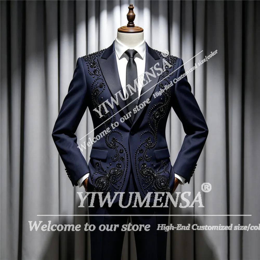 Costumes de luxe pour hommes, pour mariage, avec pierres et perles noires, blazer de marié, ensemble
