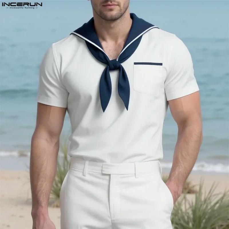 INCERUN hommes t-shirt Patchwork été col marine à manches courtes hommes t-shirt hauts Streetwear 20