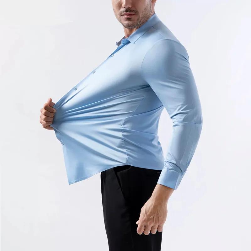 Chemise à manches longues pour hommes, extensible dans les quatre voies, sans fer, soyeuse, commerce