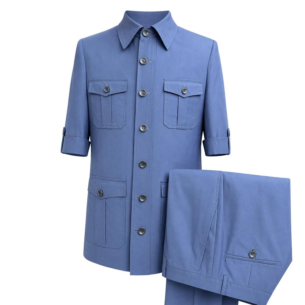 Costume homme bleu ciel Safari à manches courtes, coupe slim de luxe, 2 pièces, veste et pantalon dé